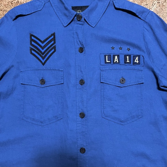 Rails Banks Military Patch Raw Edge Linen Blend Button Down Indigo Shirt Sz XS - Picture 12 of 16